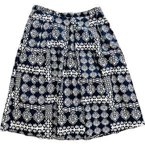 Ganesh 100% Linen Navy Blue Geometric Print Midi Skirt Natural Boho Pockets